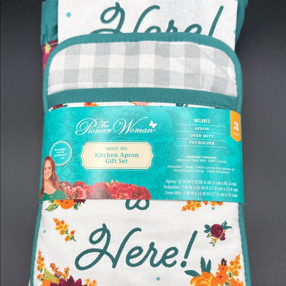 The Pioneer Woman Harvest Rose Apron Set - Teal and White